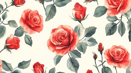 Seamless pattern of fresh red roses in soft watercolor style, overhead view, vibrant and rich textures for floral-themed designs, warm romantic background