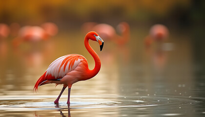 Close-up of a vibrant flamingo standing in water, surrounded by blurred flamingos in a tranquil setting
