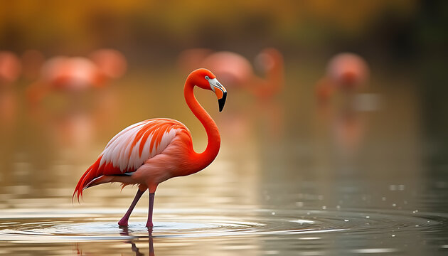 Close-up of a vibrant flamingo standing in water, surrounded by blurred flamingos in a tranquil setting
