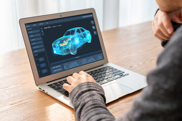 Electric car design software on computer screen showing simulation blueprint snugly by digital calculating application for manufacturing preparation