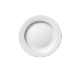 White ceramic plate with a smooth surface and a textured rim design. Ideal for serving meals or as a tableware display in kitchen settings. Isolated on transparent background, png.