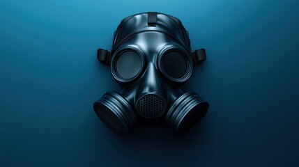 Closeup of a gas mask on vibrant blue background, protection and safety protective