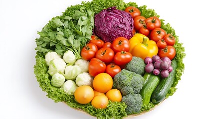 A vibrant top-down view of colorful, fresh fruits and vegetables arranged in a circular spread on a white background, showcasing organic produce, natural lighting, and a balanced, nutritious diet
