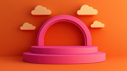 Dreamy pink arch against a cloudy sky, serene architectural design pink