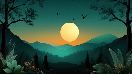 Create a template illustration featuring a serene forest scene to promote nature conservation, with ample copy space.