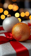 A close up of two christmas ornaments on top of a present
