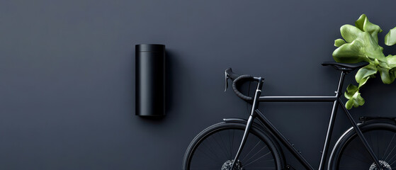 A sleek black bicycle rests against a minimalist wall, accompanied by a modern cylindrical object and fresh greenery, showcasing a blend of design and nature.