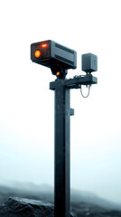 A mounted camera system with an orange light, set against a misty backdrop, likely for monitoring or surveillance purposes.