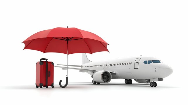Travel insurance emergency risk concept, A red umbrella stands beside a suitcase and an airplane, symbolizing travel, protection, and adventure.