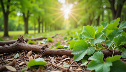 Freshly cut vine branches on forest floor, nature rejuvenation