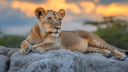 A lioness resting on a rock against a colorful sunset backdrop.