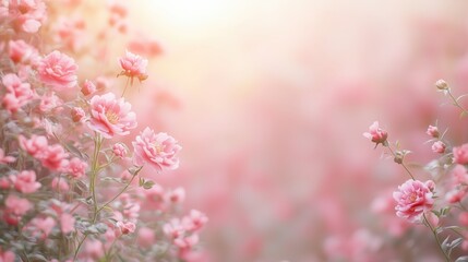 Fototapeta premium Beautiful pink flowers bloom in a sunlit garden during spring, creating a serene and peaceful atmosphere