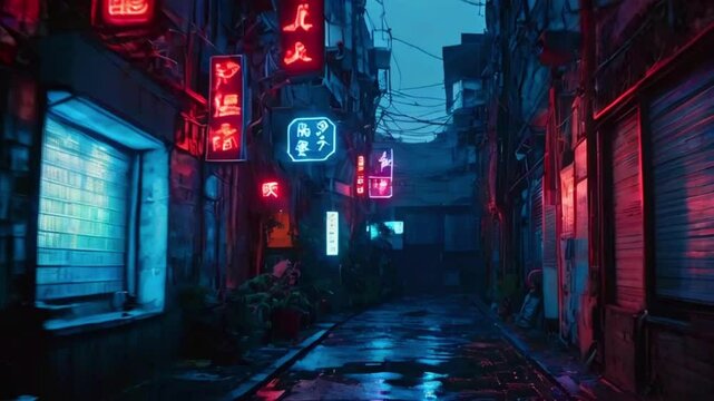 A narrow urban alley lit by flickering neon signs in languages and symbols from an alien civilization. Steam rises from grates, and shadows move mysteriousl, 4k High-Quality background animation video