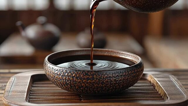 Soy sauce, dark liquid, pouring into a dish, glossy surface, brown ceramic bowl, dark condiment textured pour container, generative AI video