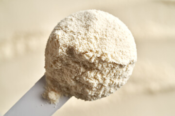 Whey protein powder in a measuring spoon, top view