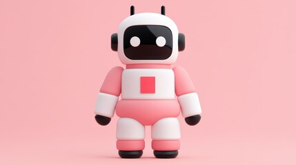 Obraz premium Adorable pink and white robot with a red heart, symbol of love affection pink