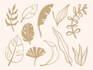 Beige Abstract Leaf and Botanical Collection. A set of ten beige abstract botanical and leaf designs, featuring minimalistic aesthetics and modern tropical themes. Perfect for decor and design project