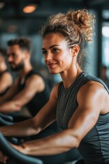 Fototapeta premium people doing cycling training in class in gym.