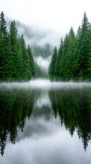 A foggy lake surrounded by trees in the middle of a forest