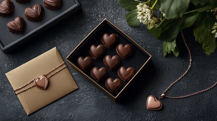 Dark chocolate heart candies in elegant box with rose gold heart necklace and envelope.