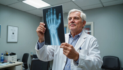Thoughtful elderly man examining hand X-ray in doctor's office, health awareness