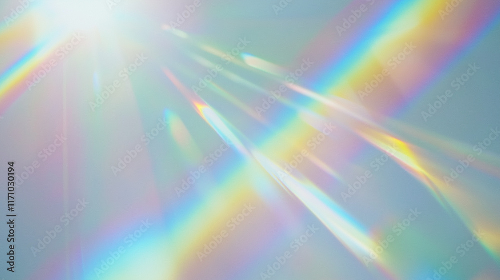 Wall mural holographic rainbow light refraction texture overlay with abstract soft bokeh and prizm effect on a 