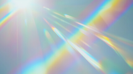 Holographic rainbow light refraction texture overlay with abstract soft bokeh and prizm effect on a white backdrop. Organic prismatic glow and natural shadows, iridescent light. Background, copy space