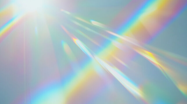 Holographic rainbow light refraction texture overlay with abstract soft bokeh and prizm effect on a white backdrop. Organic prismatic glow and natural shadows, iridescent light. Background, copy space