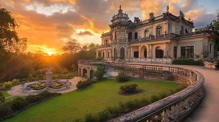Naklejka premium Majestic mansion surrounded by lush gardens under stunning sunse