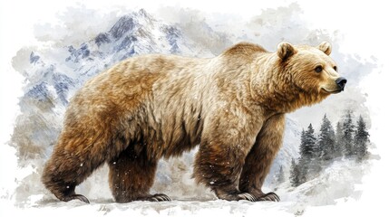 A detailed illustration of a bear in a mountainous landscape, showcasing wildlife.