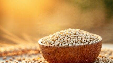 A wooden bowl overflowing with golden wheat grains, isolated against a white background.