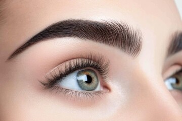 Obraz premium Close-Up Portrait of Young Woman's Beautiful Eye, Perfect Smooth Skin, Perfectly Shaped Eyebrow and Luscious Long Lashes. Beauty Products, Cosmetics, Make-Up. Advertisement of Eco Treatment, Skin Care