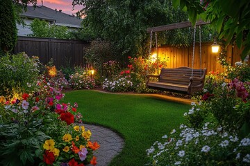 Cozy garden illuminated by soft lights, featuring vibrant flower