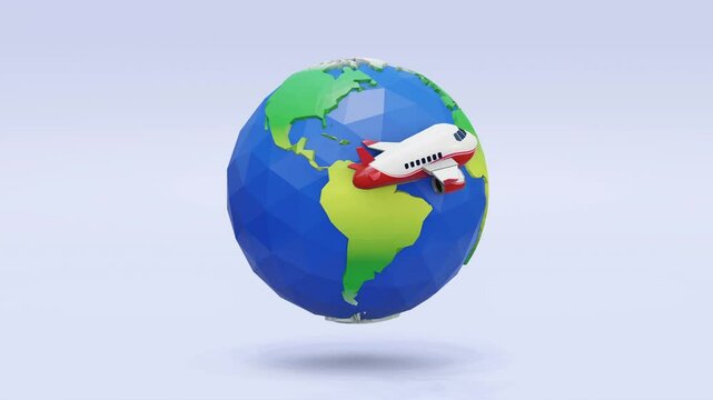 Low-poly 3D illustration of the Earth with a red and white airplane flying around it. Perfect for travel, tourism, and global-themed projects.