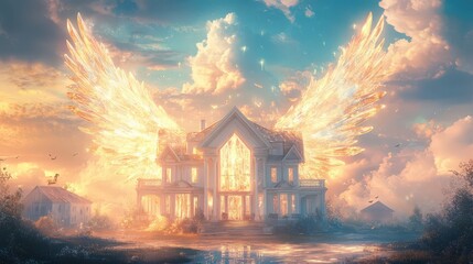 Angelic Wings Embrace a Radiant House in Sunset Skies