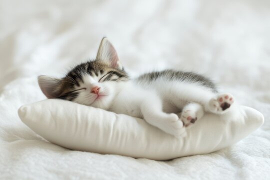 Lovely kitten on sleeping. Tabby kitten sleep curled up on white soft blanket. Cat rest napping on back on bed. Comfortable pets sleep at cozy home. Concept of adorable little pets. Relax domestic pet