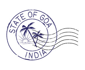 A postal rubber stamp with the inscription 'State of Goa, India' and a beach in the middle. Retro seals for letter envelopes, greeting cards, passports, parcels.
