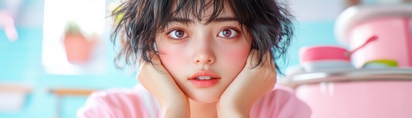 Obraz premium Capture the essence of home cooking with this vibrant image it showcases an Asian individual with short black hair, pink cheeks and a pink top, their hands holding their face in a kitchen that