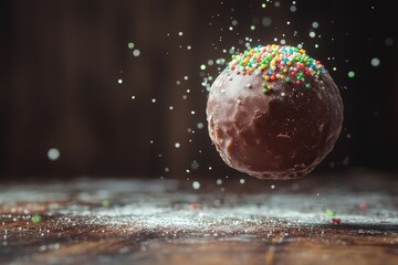 A close-up of a mold-covered chocolate truffle, with colorful sprinkles decaying into a green and white fuzz, set against a rustic wooden table,copy space background