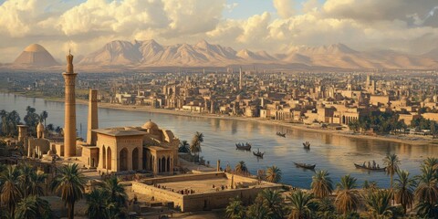 Obraz premium Majestic view of an ancient city along the river with mountains and pyramids in the background during sunset