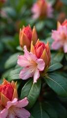 Obraz premium A stunning close-up of rhododendron flowers showcases delicate pink and coral petals nestled among lush green leaves. The image captures the enchanting beauty of nature, highlighting the intricate