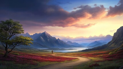 Peaceful Landscape at Sunset with Mountains and Colorful Flowers