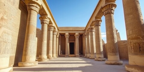 Exploring ancient ruins of an Egyptian temple with intricately carved columns and a clear blue sky above
