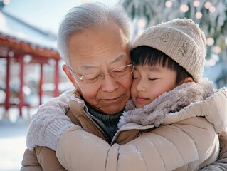 Obraz premium Capturing Asian family nurturing togetherness through support, a tender embrace between an elder and a child Witness the generational bond, as an older person shows love to the younger person, an
