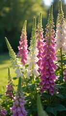 A stunning display of foxglove flowers stands tall, showcasing a gradient of pink and white hues against a lush green backdrop. The delicate blossoms create a serene atmosphere, inviting viewers to