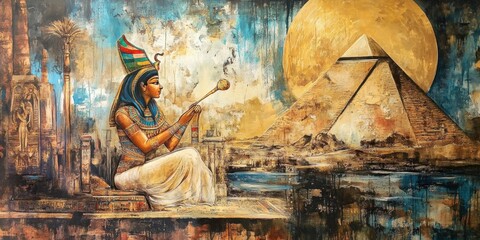 Ancient Egyptian woman playing music in front of pyramid at sunset evoking a sense of history and culture
