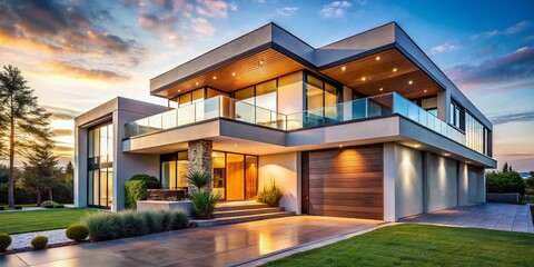 Obraz premium Modern Minimalist House Exterior, Architectural Photography, Contemporary Home Design