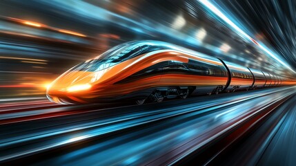 Fototapeta premium A train is speeding down the tracks with a bright orange stripe