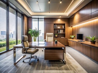 Obraz premium Modern Minimalist Office: Executive Workspace with Dramatic Lighting, Stock Photo