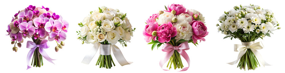 set of beautiful flowers bouquet, soft focus isolated on white